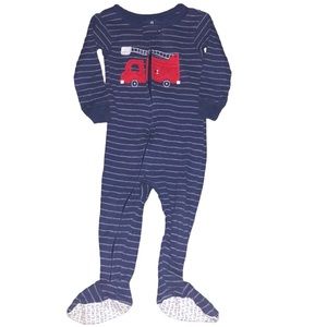 SALE 3 for $15— Blue and White Striped Firetruck Footed Pajamas